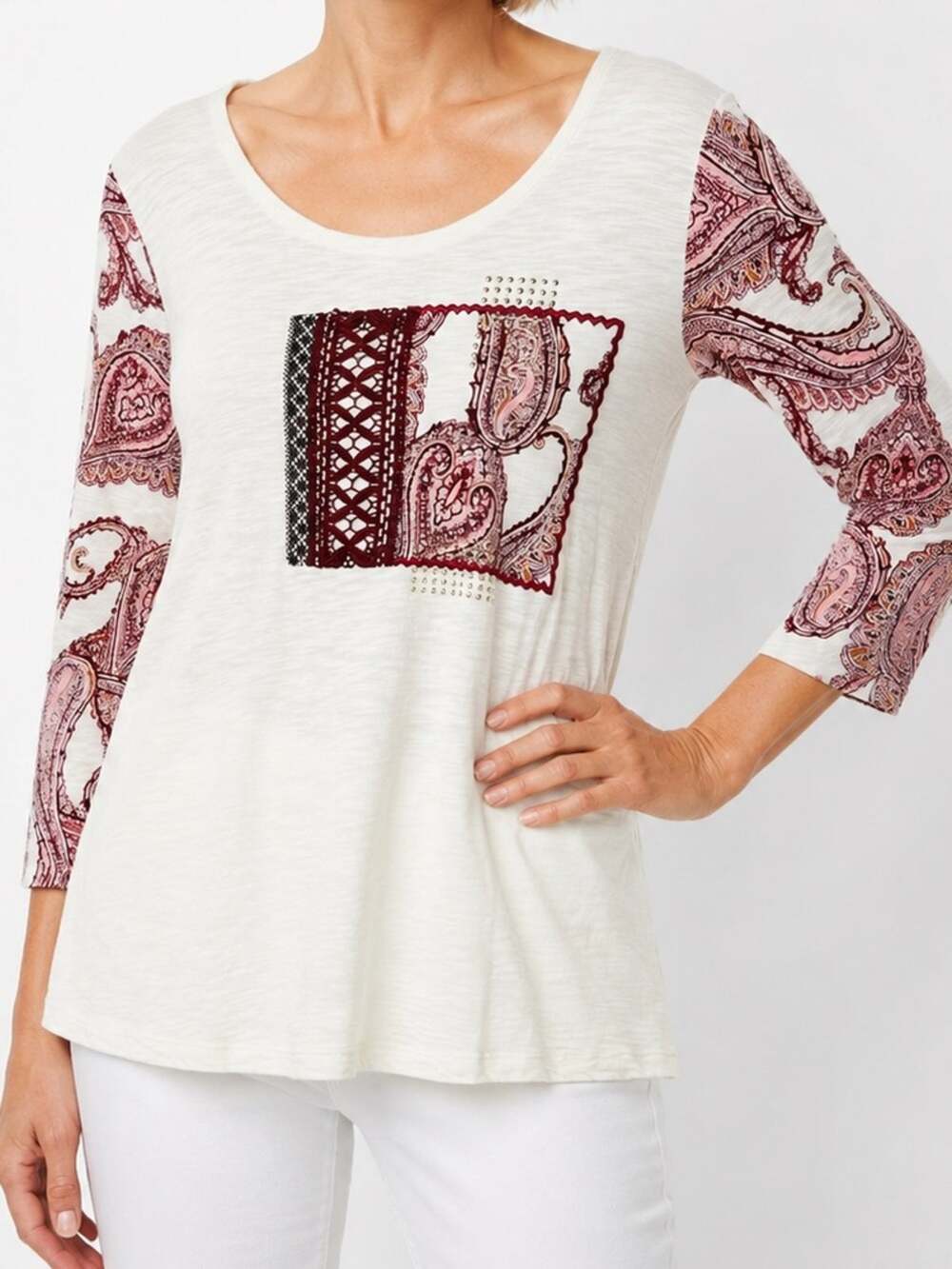 Chico’s Zenergy Paisley Lace Studded Top Cream Pink 3 XL 16 18